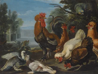 A Rooster, Chickens, Pigeons, and a Parrot in a Garden